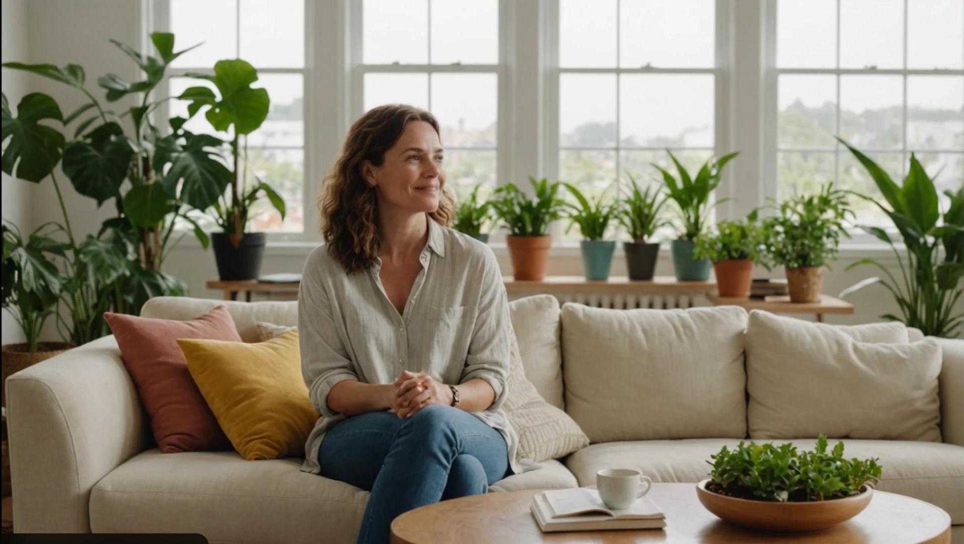 femme détendue après une séance de kinésiologie à Lyon dans un cadre apaisant